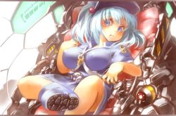 Rule 34 | 1girl, :t, blue dress, blue eyes, blue hair, boots, breasts, covered erect nipples, dress, dutch angle, face, female focus, flat cap, hat, impossible clothes, impossible dress, kawashiro nitori, key, large breasts, leaning back, machine, matching hair/eyes, rubber boots, sachito, solo, touhou, two side up