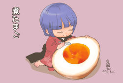 Rule 34 | 1girl, :t, artist name, barefoot, blue hair, bowl cut, closed eyes, commentary request, dated, eating, egg, egg (food), food, hardboiled egg, holding, holding spoon, japanese clothes, kimono, mini person, minigirl, no headwear, onikobe rin, purple background, red kimono, shadow, short hair, simple background, sitting, smile, solo, spoon, sukuna shinmyoumaru, thick eyebrows, touhou, translation request, wariza