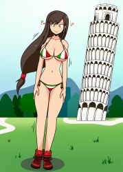 Rule 34 | 1girl, 20s, arms at sides, bikini, blue sky, boots, breasts, brown hair, building, cleavage, collarbone, day, earrings, female focus, final fantasy, final fantasy vii, final fantasy vii remake, full body, grass, green eyes, hair over one eye, highres, hypnosis, italian flag, italian flag bikini, italian senate porn livestream (meme), italian senate porn livestream (meme), jewelry, large breasts, leaning, leaning to the side, leaning tower of pisa, long hair, looking at viewer, low-tied long hair, meme, micro bikini, midriff, mind control, mountain, multicolored eyes, navel, outdoors, red eyes, red footwear, ringed eyes, shadow, side-tie bikini bottom, sky, smile, solo, sortish-kinda, square enix, standing, straight hair, swimsuit, tifa lockhart, tower, tree, underboob, very long hair, white eyes