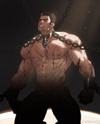 Rule 34 | 1boy, abs, amo (amo9612), bara, biceps, black eyes, black hair, blood, censored, chain, collar, cuffs, darius (league of legends), fang, handcuffs, injury, kneeling, large pectorals, league of legends, looking at viewer, male focus, manly, muscular, muscular male, navel, nipples, nude, pectorals, scar, scar across eye, scar on arm, scar on chest, scar on face, scar on stomach, solo, sweat, sweatdrop, thick arms, thick eyebrows, veins, veiny arms