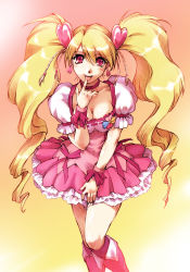 Rule 34 | 00s, 1girl, :p, blonde hair, boots, bow, breasts, cleavage, cure peach, dress, fresh precure!, hair ornament, heart, heart hair ornament, hisahiko, knee boots, long hair, magical girl, momozono love, pink bow, pink footwear, precure, red eyes, skirt, solo, standing, tongue, tongue out, twintails