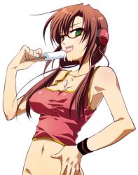 Rule 34 | 00s, 1girl, bad id, bad pixiv id, breasts, brown hair, camisole, cleavage, dripping, evangelion: 2.0 you can (not) advance, food, glasses, green eyes, hand on own hip, headphones, hip focus, jpeg artifacts, licking, long hair, makinami mari illustrious, medium breasts, n52, navel, neon genesis evangelion, popsicle, rebuild of evangelion, shirt, simple background, solo, taut clothes, taut shirt, tongue, twintails, wristband