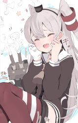 Rule 34 | 1girl, amatsukaze (kancolle), atsutoku, black dress, blush, closed eyes, commentary request, dress, eighth note, fang, gloves, grey hair, hair between eyes, hair tubes, highres, kantai collection, long hair, long sleeves, motion lines, musical note, open mouth, quarter note, red thighhighs, rensouhou-kun, sailor collar, sailor dress, single glove, smile, star (symbol), thighhighs, two side up, white gloves, white sailor collar