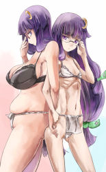 Rule 34 | 2girls, adjusting eyewear, ass, ass-to-ass, ass press, bare shoulders, belly, black bra, bra, breasts, crescent, crescent hair ornament, dual persona, flat chest, fundoshi, glasses, hair ornament, holding hands, japanese clothes, large breasts, long hair, looking at viewer, multiple girls, navel, patchouli knowledge, pink-framed eyewear, plump, purple eyes, purple hair, ribs, size difference, skinny, standing, touhou, underwear, white bra, yohane
