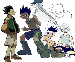 Rule 34 | 3boys, black hair, blue eyes, boots, brown footwear, closed mouth, commentary, cross-laced footwear, english commentary, gon freecss, grey hair, highres, hunter x hunter, jacket, jewelry, killua zoldyck, kite (hunter x hunter), lace-up boots, looking at another, male focus, multiple boys, multiple views, mutie (timestables), necklace, open mouth, shirt, shoes, short hair, shorts, simple background, sitting, sneakers, spiked hair, standing, white background, white hair