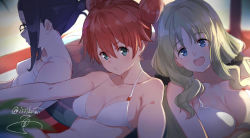 Rule 34 | 10s, 3girls, :d, artist name, bikini, bikini top only, blue eyes, blurry, breasts, brown hair, cleavage, darling in the franxx, depth of field, double bun, glasses, hair between eyes, hair ornament, hair scrunchie, highres, ikuno (darling in the franxx), isshiki (ffmania7), kokoro (darling in the franxx), large breasts, long hair, looking at viewer, low twintails, medium breasts, miku (darling in the franxx), multiple girls, o3o, open mouth, profile, puckered lips, purple hair, red hair, scrunchie, short hair, sidelocks, signature, small breasts, smile, swimsuit, twintails, white bikini