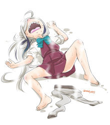 Rule 34 | 1girl, ahoge, asashimo (kancolle), bare legs, barefoot, blue bow, blue bowtie, bow, bowtie, covered eyes, dress, ebifly, exhausted, grey hair, grey pantyhose, hair over eyes, hot, kantai collection, long hair, lying, on back, open mouth, pantyhose, unworn pantyhose, sharp teeth, shirt, sleeves rolled up, solo, spread legs, steam, sweat, nervous sweating, teeth, very long hair, white shirt, wing collar