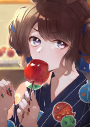 Rule 34 | 1girl, absurdres, animal ears, artistic error, black kimono, blurry, blurry background, blush, brown hair, candy apple, commentary request, depth of field, double bun, food, hair bun, hands up, highres, holding, holding food, horse ears, izu lemon, japanese clothes, kimono, looking at viewer, nail art, nail polish, purple eyes, sidelocks, solo, striped clothes, striped kimono, thick eyebrows, tosen jordan (umamusume), umamusume, upper body, v-shaped eyebrows, vertical-striped clothes, vertical-striped kimono, wrong hand