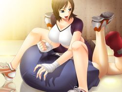 Rule 34 | ball busting, bdsm, bike shorts, black hairband, blue eyes, boxing, boxing gloves, breasts, brown hair, bulge, cbt, crotch kick, cum, cum on clothes, defeat, erection, erection under clothes, femdom, girl on top, hairband, hentai seiheki dominance - femdom of paraphilia, huge breasts, msize, penis, shirt, shorts, sitting, sitting on face, sitting on person, skin tight, strong woman, tall female, weak male