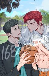 Rule 34 | 168broccoli, 2boys, abs, ball, basketball (object), black hair, clothes lift, dappled sunlight, day, eye contact, gakuran, highres, holding, holding ball, looking at another, male focus, mito youhei, multiple boys, navel, outdoors, pompadour, pulled by self, red hair, sakuragi hanamichi, school uniform, shirt lift, short hair, slam dunk (series), smile, sunlight, sweat, upper body, watermark, wiping face
