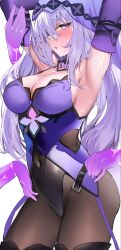 Rule 34 | 1girl, armpits, arms up, bare shoulders, black footwear, black swan (honkai: star rail), blush, boots, breasts, covered navel, from side, gloves, highres, honkai: star rail, honkai (series), large breasts, long hair, looking at viewer, open mouth, purple eyes, purple hair, purple headwear, shiben (ugvu5784), simple background, solo, thigh boots, thighs, white background