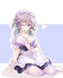 Rule 34 | 1girl, apron, arm support, blue background, blue dress, blue eyes, blush, bra, braid, breasts, cleavage, collarbone, commentary request, dress, fumitsuki (minaduki 6), green ribbon, hair ribbon, izayoi sakuya, large breasts, looking at viewer, maid, maid apron, maid headdress, nail polish, no shoes, one eye closed, open mouth, outline, pink nails, puffy short sleeves, puffy sleeves, purple bra, ribbon, shadow, shirt, short hair, short sleeves, silver hair, sitting, smile, solo, thighhighs, thighs, touhou, twin braids, two-tone background, underwear, white apron, white background, white outline, white shirt, white thighhighs, wrist cuffs