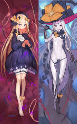 Rule 34 | 2girls, abigail williams (fate), abigail williams (third ascension) (fate), barefoot, black bow, black dress, black gloves, black hat, black legwear, black panties, blonde hair, bloomers, blush, bow, breasts, bug, butterfly, censored, commentary request, covered mouth, dress, dual persona, elbow gloves, fate/grand order, fate (series), gloves, glowing, hair bow, hat, hat bow, highres, holding, hugging object, insect, kneeling, long hair, long sleeves, looking at viewer, mosaic censoring, multiple girls, multiple views, navel, nipples, noose, onigiri-kun (demmy), orange bow, pale skin, panties, panty pull, parted bangs, pink eyes, polka dot, polka dot bow, purple eyes, pussy juice, revealing clothes, saliva, sharp teeth, sleeves past wrists, small breasts, stuffed animal, stuffed toy, teddy bear, teeth, tentacles, tongue, tongue out, topless, underwear, very long hair, white bloomers, white hair, witch hat