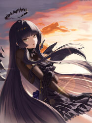 Rule 34 | 1girl, absurdres, ambience synesthesia, arknights, armband, armpit crease, backlighting, black choker, black dress, black gloves, black hair, black halo, black wings, blunt bangs, broken halo, brown hair, choker, cloud, cloudy sky, colored inner hair, commentary, cowboy shot, dark halo, detached wings, diamond-shaped pupils, diamond (shape), dress, dutch angle, energy wings, eyelashes, floating hair, frilled choker, frilled dress, frills, from side, gloves, grey eyes, halo, hand on own arm, highres, hime cut, lens flare, long hair, long sleeves, looking at viewer, looking to the side, mole, mole under eye, multicolored hair, muwon, official alternate costume, outdoors, parted lips, see-through, see-through dress, shade, short dress, sidelocks, sky, smile, solo, standing, straight hair, sun, sunlight, sunset, symbol-shaped pupils, tongue, two-tone hair, variant set, very long hair, virtuosa (arknights), wings, yellow pupils