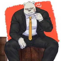 Rule 34 | 1boy, animal ears, bara, barrel, bear boy, bear ears, black suit, bulge, clenched teeth, collared shirt, facial scar, feet out of frame, formal, furry, furry male, looking at viewer, male focus, muscular, muscular male, necktie, odd taxi, pectorals, scar, scar on cheek, scar on face, sekiguchi (odd taxi), shirt, sitting, solo, suit, sunglasses, teeth, white fur, yellow necktie, zoku bu