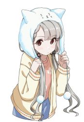 Rule 34 | 1girl, animal ears, animal hat, black ribbon, blue skirt, blush, braid, braided bangs, brown eyes, brown jacket, cat ears, cat hat, closed mouth, collarbone, commentary request, fake animal ears, floral print, grey hair, hair over shoulder, hair ribbon, hands up, hat, highres, hisakawa nagi, idolmaster, idolmaster cinderella girls, idolmaster cinderella girls starlight stage, jacket, long hair, looking at viewer, low twintails, open clothes, open jacket, pink shirt, print shirt, ribbon, shirt, shiwa (siwaa0419), simple background, skirt, solo, twintails, very long hair, white background, white hat