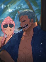 Rule 34 | 1boy, 1girl, bad id, bad twitter id, cigar, cigarette, closed eyes, commentary, eyewear on head, facial hair, hair bun, happy birthday, highres, hina (one piece), muscular, muscular male, mustache stubble, one piece, open clothes, open shirt, pink hair, potechi norisio, profile, scar, scar on face, sidelocks, smoker (one piece), stubble, symbol-only commentary, undercut, upper body