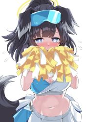 Rule 34 | 1girl, animal ears, black hair, blue archive, blue eyes, blush, breasts, bright pupils, cleavage, commentary request, covering face, dog ears, dog girl, dog tail, edobox, eyewear on head, halo, hibiki (blue archive), hibiki (cheer squad) (blue archive), highres, medium breasts, midriff, millennium cheerleader outfit (blue archive), navel, pleated skirt, ponytail, skirt, solo, tail, white pupils