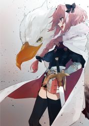 Rule 34 | 1boy, astolfo (fate), bad id, bad twitter id, bird, braid, cape, cowboy shot, fate/apocrypha, fate/grand order, fate (series), garter straps, gradient background, grey background, griffin, highres, hippogriff, hita (hitapita), long hair, male focus, pink hair, purple eyes, solo, standing, thighhighs, trap, white background