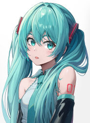 Rule 34 | 1girl, :p, aqua eyes, aqua hair, aqua necktie, bare shoulders, bib (bibboss39), blush, collared shirt, commentary, detached sleeves, hatsune miku, highres, long hair, looking at viewer, necktie, number tattoo, shirt, shoulder tattoo, simple background, solo, tattoo, tongue, tongue out, twintails, upper body, very long hair, vocaloid, white background, white shirt