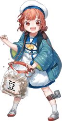 Rule 34 | 1girl, bag, beans, blue sailor collar, blurry, bow, brown eyes, brown hair, depth charge, depth of field, dress, full body, hair rings, hanten (clothes), hat, hozuka (kadokawa), kaiboukan no. 4 (kancolle), kantai collection, long hair, looking at viewer, low twintails, sailor collar, sailor dress, sailor hat, shoes, socks, solo, transparent background, twintails, uwabaki, white dress, white hat, white socks, yellow bow