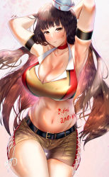Rule 34 | 1girl, anniversary, armband, armpits, arms behind head, arms up, artist name, belt, black belt, blunt bangs, blush, body writing, breasts, brown eyes, brown hair, brown shirt, choker, cleavage, closed mouth, commentary request, cowboy shot, crop top, dated, dixie cup hat, english text, girls und panzer, girls und panzer senshadou daisakusen!, half-closed eyes, halterneck, hands in pockets, hat, highres, large breasts, long hair, looking at viewer, mature female, military hat, mini hat, navel, nishizumi shiho, official alternate costume, partial commentary, red choker, semino hazuki, shirt, short shorts, shorts, side-tie shorts, signature, smile, solo, standing, straight hair, thigh gap, thighs, tilted headwear, white hat