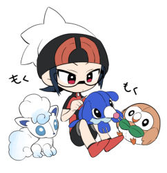 Rule 34 | 1boy, alolan form, alolan vulpix, beanie, black-framed eyewear, black hair, brendan (pokemon), character doll, closed mouth, commentary request, creatures (company), doll, game freak, gen 7 pokemon, glasses, hat, holding, lowres, male focus, needle, nintendo, pokemon, pokemon adventures, popplio, red eyes, red socks, rowlet, sewing, sewing needle, shirt, short hair, short sleeves, shorts, socks, solo, white hat, yukin (es)