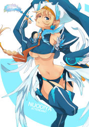 Rule 34 | 1girl, armpits, blonde hair, blue eyes, blue nails, braid, breasts, caee penguin, character name, collared shirt, curvy, feathers, fingernails, flower, garter straps, highres, hip focus, jewelry, large breasts, long fingernails, long hair, nail polish, navel, original, pointy ears, ring, rose, shirt, short hair, simple background, solo, standing, thighhighs, thighs, underboob, wide hips, wings