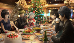 Rule 34 | 2boys, 3girls, alcohol, bad id, bad pixiv id, black hair, blue eyes, blush, bottle, bowl, bread, brown hair, cake, candle, christmas, christmas lights, christmas ornaments, christmas tree, cup, drinking glass, food, fork, hat, highres, holding, holding cup, holding fork, k ryo, looking at another, multiple boys, multiple girls, open mouth, original, plate, red hat, santa hat, sitting, smile, spoon, table, teacup, wine, wine bottle, wine glass, yellow eyes
