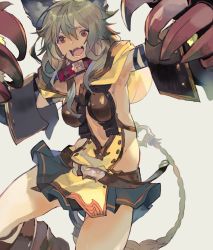 Rule 34 | 1girl, :3, :d, animal ears, arms up, belt, belt collar, breasts, claws, collar, copyright request, fangs, granblue fantasy, green hair, hair between eyes, jumping, kibadori rue, looking at viewer, medium breasts, navel, open mouth, red eyes, revealing clothes, sen (granblue fantasy), smile, solo