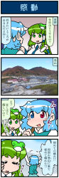 Rule 34 | +++, 2girls, 4koma, :d, architecture, arms up, artist self-insert, blue eyes, blue hair, blue sky, building, clear sky, closed eyes, cloud, comic, commentary request, day, east asian architecture, frog hair ornament, gradient background, green eyes, green hair, hair ornament, hand up, heterochromia, highres, holding, holding umbrella, juliet sleeves, kochiya sanae, long sleeves, mizuki hitoshi, mountain, multiple girls, oil-paper umbrella, open mouth, photo (medium), photo inset, puffy sleeves, red eyes, sky, smile, snake hair ornament, sweatdrop, tatara kogasa, tearing up, tears, touhou, translation request, tree, umbrella, vest, wiping tears