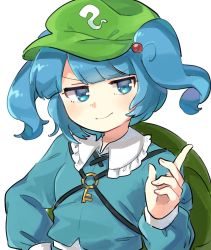 Rule 34 | 1girl, backpack, bag, blue eyes, blue hair, blue shirt, commentary request, green headwear, hair bobbles, hair ornament, hand up, jitome, kawashiro nitori, key, long sleeves, sasa kichi, shirt, short hair, simple background, smile, solo, touhou, two side up, upper body, white background