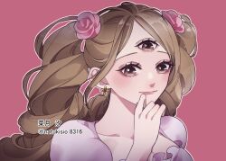 Rule 34 | 1girl, artist name, blush, brown eyes, brown hair, charlotte pudding, closed mouth, commentary request, earrings, flower, hair flower, hair ornament, jewelry, long hair, natsuki shio, one piece, pink background, pink flower, simple background, smile, solo, third eye, translation request, twintails