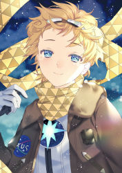 Rule 34 | 1boy, akapug621, bad id, bad pixiv id, blonde hair, blue eyes, bomber jacket, fate/grand order, fate/requiem, fate (series), gloves, goggles, goggles on head, jacket, male focus, scarf, sky, smile, spacesuit, star (sky), star (symbol), starry sky, voyager (fate), voyager (third ascension) (fate), white gloves, yellow scarf