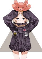 Rule 34 | 1girl, abigail williams (fate), abigail williams (traveling outfit) (fate), arms up, black bow, black jacket, blonde hair, blue eyes, blush, bow, closed mouth, commentary request, fate/grand order, fate (series), goji (8jikan roudou), grey background, hair bow, hair bun, heroic spirit traveling outfit, highres, jacket, key, long hair, long sleeves, looking at viewer, official alternate costume, on head, orange bow, parted bangs, polka dot, polka dot bow, single hair bun, sleeves past fingers, sleeves past wrists, solo, standing, star (symbol), stuffed animal, stuffed toy, teddy bear, two-tone background, white background