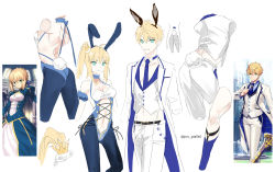 Rule 34 | 1boy, 1girl, adapted costume, alternate costume, arthur pendragon (fate), arthur pendragon (white rose) (fate), artoria pendragon (all), artoria pendragon (fate), blonde hair, blue neckwear, breasts, cleavage, fate/grand order, fate (series), green eyes, halterneck, highres, lace-up, leotard, male playboy bunny, necktie, pants, pantyhose, playboy bunny, pvc parfait, reference photo, saber (fate), legwear garter, white pants