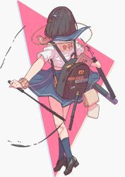 Rule 34 | 1girl, backpack, bag, black footwear, black hair, blue skirt, bob cut, cable, colored inner hair, commentary request, concealed weapon, digital media player, earphones, envelope, facing away, floating, from behind, full body, hair ornament, hairclip, highres, holding, holding weapon, kneehighs, loafers, miniskirt, multicolored hair, name tag, neckerchief, norikoi, original, outstretched arms, pink neckerchief, pleated skirt, sailor collar lift, scabbard, school uniform, scrunchie, serafuku, sheath, shoes, short hair, short sleeves, skirt, socks, solo, triangle, unsheathing, weapon, white background, wrist scrunchie