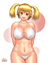 Rule 34 | 1girl, bikini, blonde hair, blush, breasts, cleavage, curvy, headphones, highres, huge breasts, looking at viewer, navel, nitroplus, open mouth, orange eyes, plump, short hair, smile, solo, super pochaco, swimsuit, taikyokuturugi, twintails, wide hips