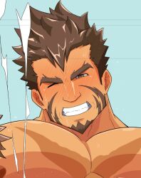Rule 34 | 2boys, arrow (projectile), bara, beach, blush, brown hair, clenched teeth, close-up, cropped, cross scar, dark-skinned male, dark skin, facial hair, flaming eye, full-face blush, goatee, heracles (housamo), implied sex, implied yaoi, karakuraax, large pectorals, looking at viewer, male focus, mature male, multiple boys, muscular, muscular male, muscular uke, mutton chops, navel, nipples, one eye closed, paid reward available, pectorals, scar, scar on chest, short hair, sideburns, smile, solo focus, sweat, teeth, thick eyebrows, tokyo houkago summoners, very sweaty