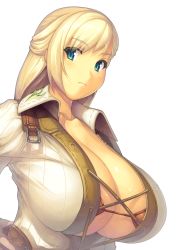 Rule 34 | 10s, 1girl, alternate breast size, bikini, bikini top only, blonde hair, blue eyes, breasts, center opening, cleavage, cross-laced clothes, cross-laced top, final fantasy, final fantasy xiv, fingerless gloves, gigantic breasts, gloves, hand on own hip, highres, hip focus, hyur, long hair, red bikini, simple background, solo, square enix, swimsuit, warrior of light (ff14), white background, yn red
