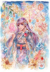 Rule 34 | 1girl, absurdres, candy apple, commission, commissioner upload, cotton candy, fire emblem, fire emblem: the binding blade, fireworks, fish, flower, food, hair ornament, highres, japanese clothes, karinpyong, kimono, long hair, nintendo, purple eyes, purple hair, solo, sophia (fire emblem), summer festival, very long hair, yukata