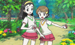 Rule 34 | 2girls, :d, black eyes, black hair, breasts, brown eyes, brown hair, collared shirt, creatures (company), day, flat chest, flower, game freak, grass, hairband, height difference, holding, holding poke ball, looking at viewer, medium hair, miniskirt, mizutani megumi, multiple girls, nintendo, official art, open mouth, outdoors, poke ball, poke ball (basic), pokemon, pokemon oras, pokemon tcg, shirt, short hair, short sleeves, skirt, small breasts, smile, teammates (pokemon), third-party source, tree, white shirt