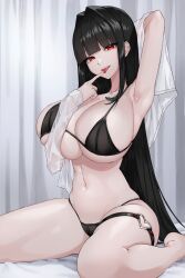 Rule 34 | 1girl, absurdres, arm behind head, arm up, armpits, bare legs, bare shoulders, bikini, black bikini, black hair, blunt bangs, breasts, cleavage, commission, curtains, finger to tongue, hair intakes, hand up, heart, highres, huge breasts, long hair, looking at viewer, navel, open clothes, open mouth, open shirt, original, qureniim, red eyes, second-party source, see-through, shirt, sidelocks, sitting, skindentation, smile, solo, stomach, string bikini, swimsuit, thigh strap, thighs, tongue, tongue out, very long hair, wariza, white shirt