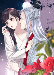 Rule 34 | 1boy, 1girl, blurry foreground, braid, brown eyes, brown hair, flower, hand up, imminent kiss, long hair, moon, nayuta/iho, night, original, outdoors, parted lips, red flower, silver hair