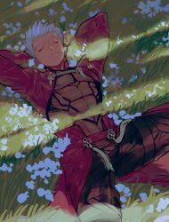 Rule 34 | 1boy, abs, absurdres, archer (fate), arms behind head, baragi, black pants, black shirt, closed eyes, closed mouth, cropped jacket, dappled sunlight, dark-skinned male, dark skin, fate (series), field, flower, frown, highres, jacket, lying, male focus, mature male, on back, pants, pectorals, red jacket, shirt, short hair, sunlight, tassel, white flower, white hair