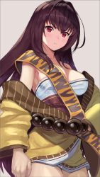 Rule 34 | 1girl, bare shoulders, bead belt, beads, beppu mitsunaka, blush, breasts, brown hair, cleavage, collarbone, cosplay, cowboy shot, fate/grand order, fate (series), frown, highres, ibaraki douji (fate), ibaraki douji (fate) (cosplay), japanese clothes, kimono, large breasts, long hair, long sleeves, looking at viewer, red eyes, scathach (fate), short kimono, simple background, yellow kimono