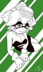 Rule 34 | + +, arm support, bare shoulders, breasts, cleavage, collarbone, detached collar, domino mask, dress, earrings, full body, gloves, green background, half-closed eyes, highres, jewelry, large breasts, lying, marie (splatoon), mask, mole, mole under eye, monochrome, nintendo, object on head, on side, pointy ears, short dress, short hair, signature, simple background, smile, splatoon (series), strapless, strapless dress, two-tone background, usa (dai9c carnival)
