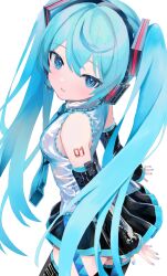 Rule 34 | 1girl, arm tattoo, arms at sides, blue eyes, blue hair, blue nails, blush, commentary request, cowboy shot, detached sleeves, grey shirt, hatsune miku, headset, highres, long hair, looking at viewer, parted lips, shirt, simple background, sleeveless, sleeveless shirt, solo, takepon1123, tattoo, thighhighs, twintails, vocaloid, white background