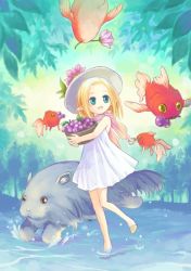 Rule 34 | 1girl, basket, blonde hair, creature, dress, fish, forest, green eyes, hat, holding, kazaki (akllab), long hair, looking up, nature, original, outdoors, pointy ears, smile, solo, tree, wading, walking, white dress