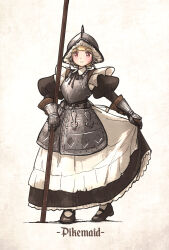 Rule 34 | 1girl, apron, armor, black dress, black footwear, black ribbon, blonde hair, breastplate, brown eyes, chest armor, commentary, dress, english commentary, english text, full body, gauntlets, helmet, highres, holding, holding polearm, holding weapon, ironlily, juliet sleeves, long sleeves, looking at viewer, maid, maid apron, mary janes, neck ribbon, ordo mediare sisters (ironlily), pike (weapon), polearm, puffy sleeves, ribbon, shoes, skirt hold, smile, solo, standing, weapon, wing collar